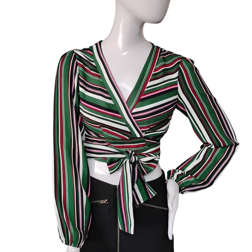 Forever 21 Contemporary Candy Striped Crop Wrap Top Size Small Long Sleeve Green